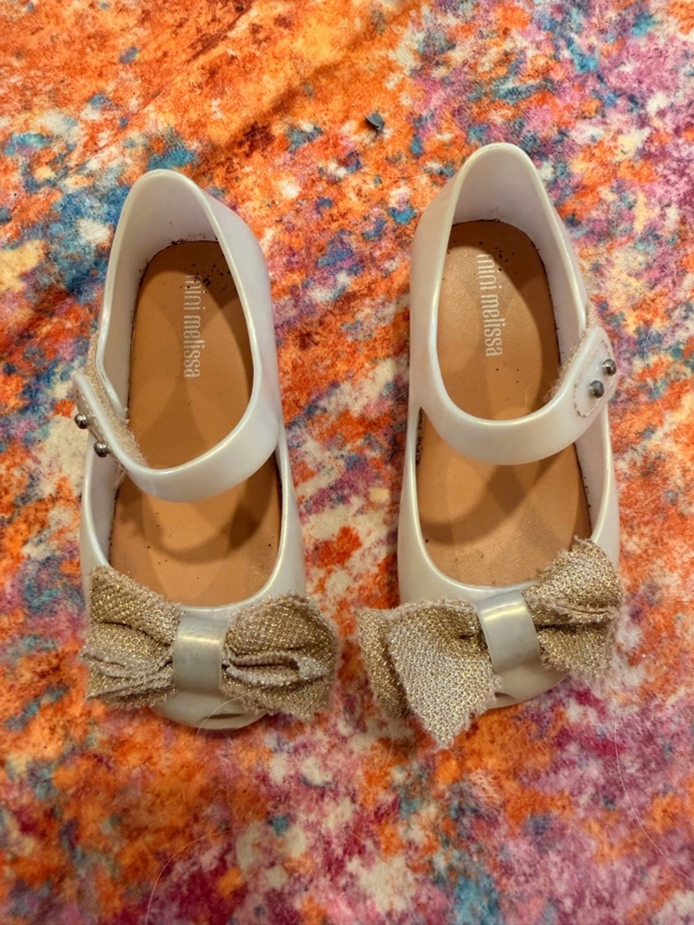 Mini Melissa Toddler Mary Jane Jelly Flats Cream Gold Glitter Bow Shoes